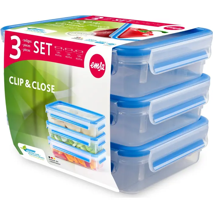 Emsa CLIP & CLOSE food storage containers 1.2 liters (transparent/blue, rectangular, 3 pieces)