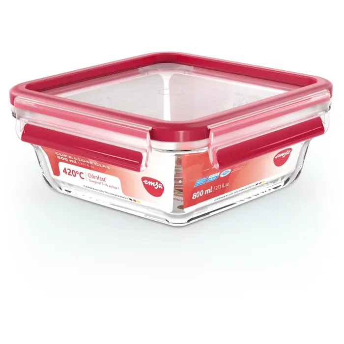 Emsa CLIP & CLOSE glass food storage container 0.8 liters (transparent/red, square)