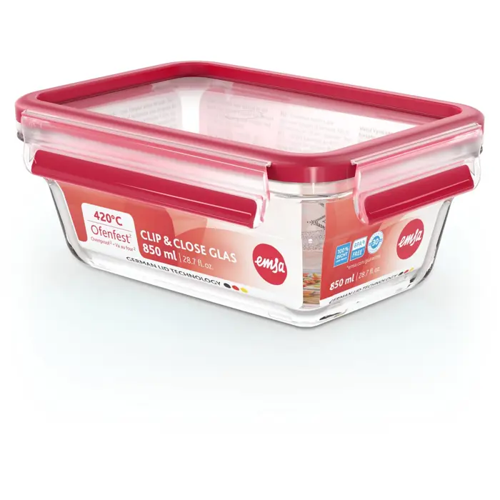 Emsa CLIP & CLOSE glass food storage container 0.85 liters (transparent/red, rectangular)