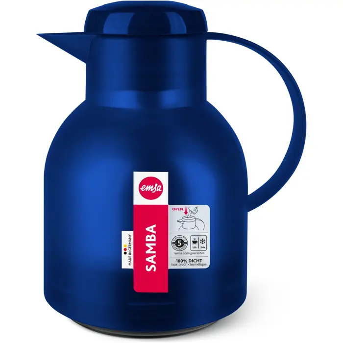 Emsa SAMBA vacuum jug, 1 liter (blue/transparent, QUICK PRESS closure)