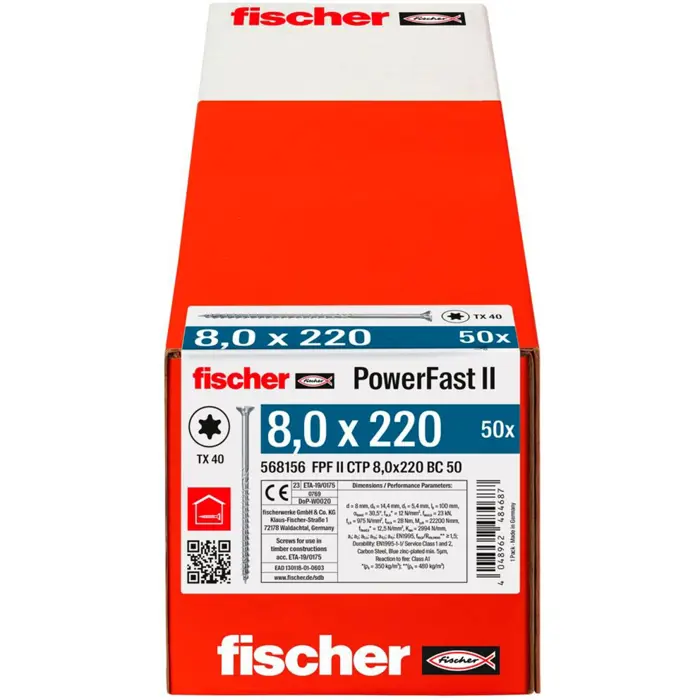 fischer wood construction screw PowerFast II 8.0x220 countersunk head TX (50 pieces, partial thread, galvanized)