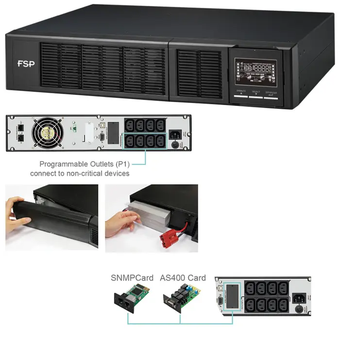 Fortron Source Clippers Rack/Tower 3000VA/3000W, On-line double conversion, USB, RS-232, EPO, 8×C13, 6×9Ah, 3min autonomija, LCD
