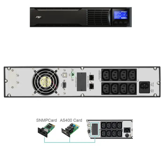 Fortron Source Eufo Tower/Rack 2000VA/1800W, Line-interactive, USB, RS-232, EPO, 8×IEC, RJ11/RJ45, 4×9Ah, 4min. autonomija, LCD
