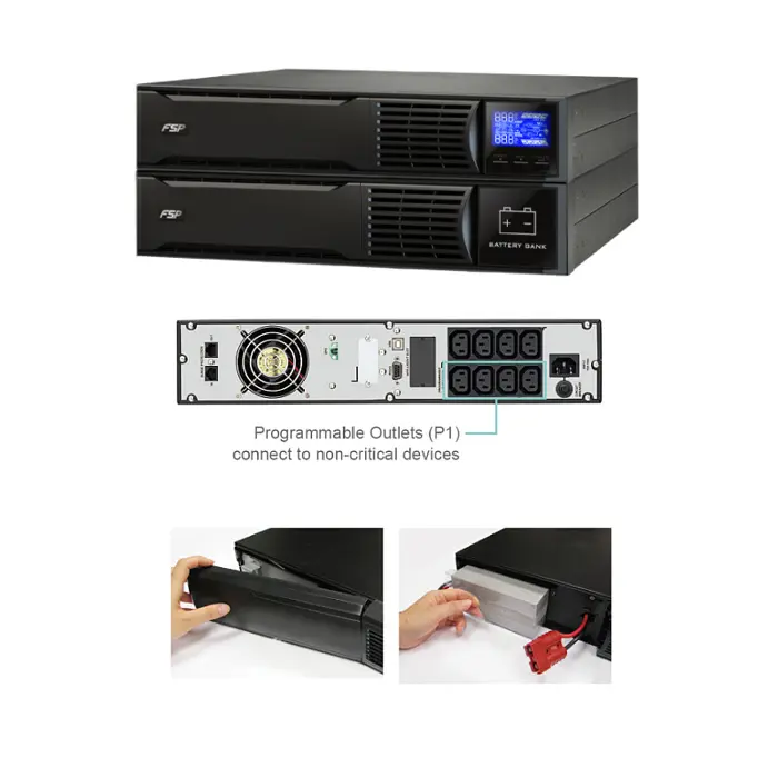 Fortron Source Eufo Tower/Rack 2000VA/1800W, Line-interactive, USB, RS-232, EPO, 8×IEC, RJ11/RJ45, 4×9Ah, 4min. autonomija, LCD