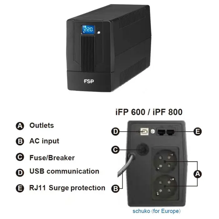 Fortron Source iFP 600VA/360W, Line-interactive, 2×Schuko, RJ11, USB, 1×7Ah, 5min. autonomija