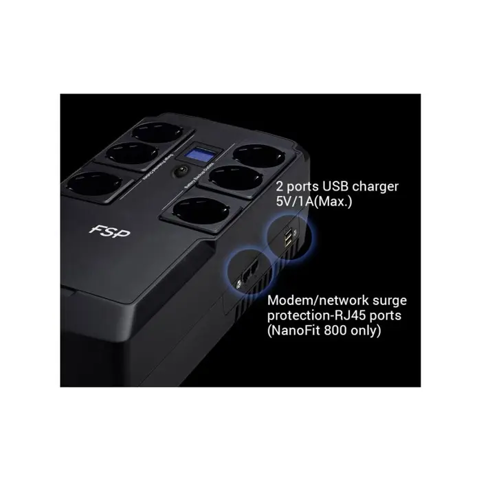 Fortron Source NanoFit 800VA/480W, Offline, 2×USB, 6×Schuko, RJ45, 1×5Ah, 3.5min autonomija@50%
