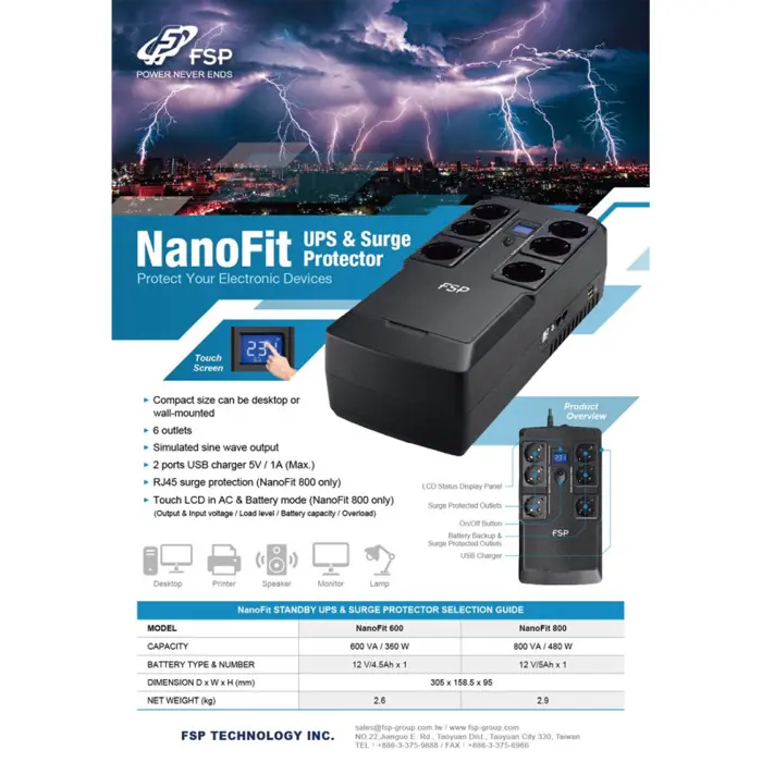 Fortron Source NanoFit 800VA/480W, Offline, 2×USB, 6×Schuko, RJ45, 1×5Ah, 3.5min autonomija@50%