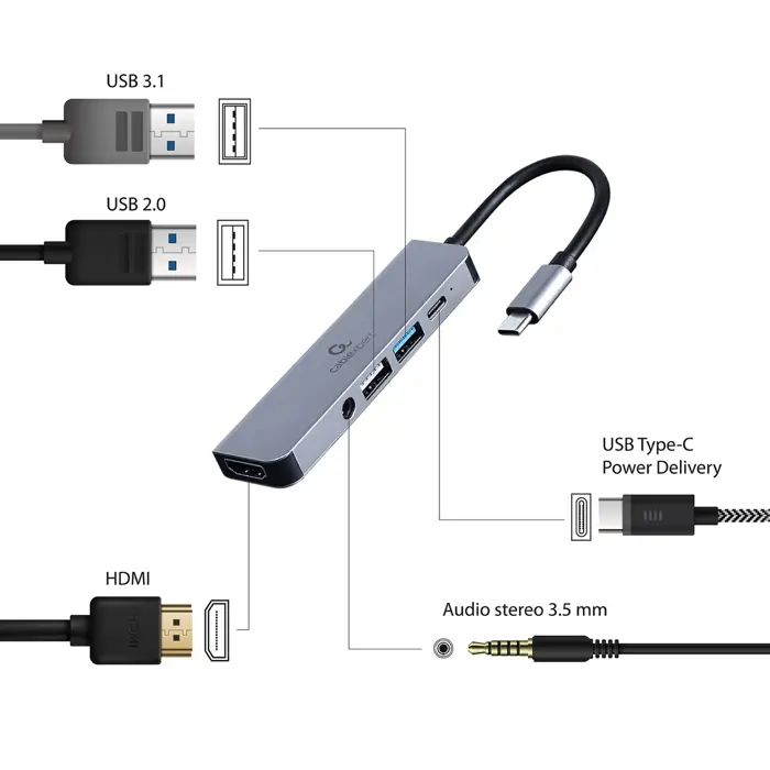 Gembird A-CM-COMBO5-02 USB Type-C 5-in-1 multi-port adapter (Hub + HDMI + PD + stereo audio)