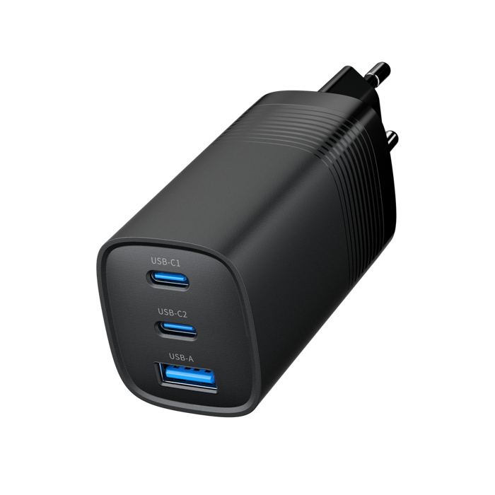 Gembird TA-UC-PDQC65-01-BK 3-port 65 W GaN USB PowerDelivery fast charger, black