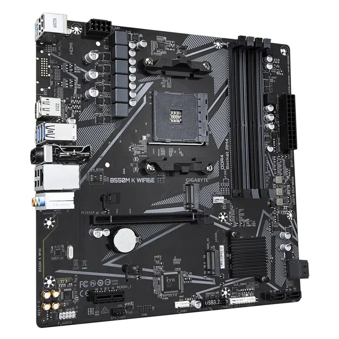 Gigabyte B550M K WIFI6E | Processor family AMD | Processor socket AM4 | DDR4 SDRAM | Supported hard disk drive interfaces SATA, M.2 | Number of SATA connectors 4