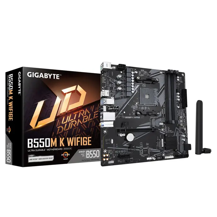 Gigabyte B550M K WIFI6E | Processor family AMD | Processor socket AM4 | DDR4 SDRAM | Supported hard disk drive interfaces SATA, M.2 | Number of SATA connectors 4