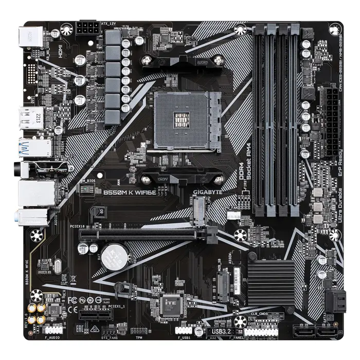 Gigabyte B550M K WIFI6E | Processor family AMD | Processor socket AM4 | DDR4 SDRAM | Supported hard disk drive interfaces SATA, M.2 | Number of SATA connectors 4