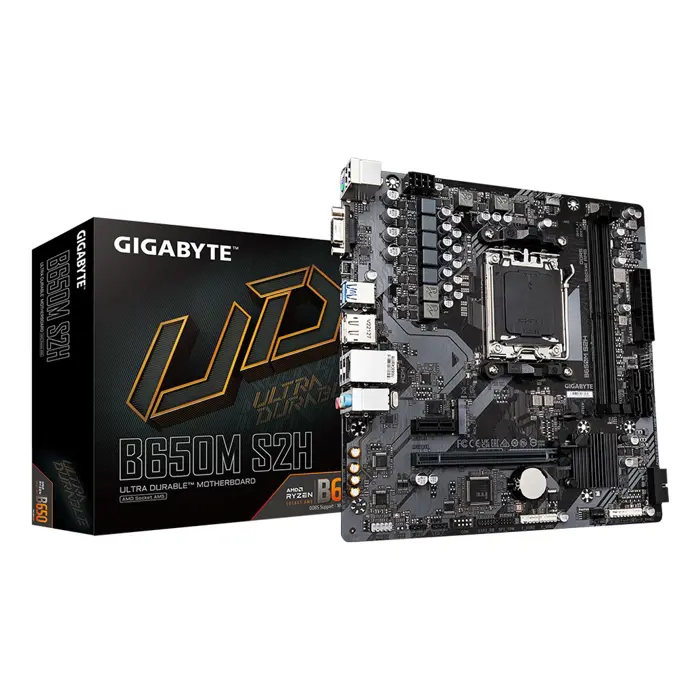 GIGABYTE B650M S2H Motherboard - AMD Ryzen 9000 Series CPUs, 5+2+2 Phases VRM, up to 6400MHz DDR5 (OC), 1xPCIe 4.0 M.2, GbE LAN, USB 3.2 Gen 1