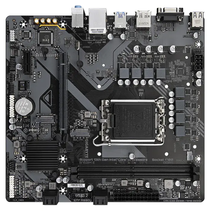 GIGABYTE B760M E Motherboard - Supports 14th Gen. Intel Core CPUs, 6+1+1 phases VRM, up to 7200MHz DDR5 (OC), 2xPCIe 4.0 M.2, 1 GbE LAN, USB 3.2 Gen 1