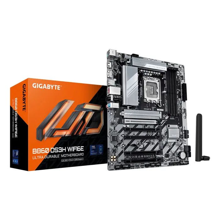 GIGABYTE B860 DS3H WIFI6E Motherboard - Intel Core Ultra Series CPUs, 8+1+2+2 Phases VRM, up to 9066MHz DDR5, 1xPCIe 5.0 + 1xPCIe 4.0 M.2, 2.5GbE LAN, WIFI 6E, USB 3.2 Gen 2x2