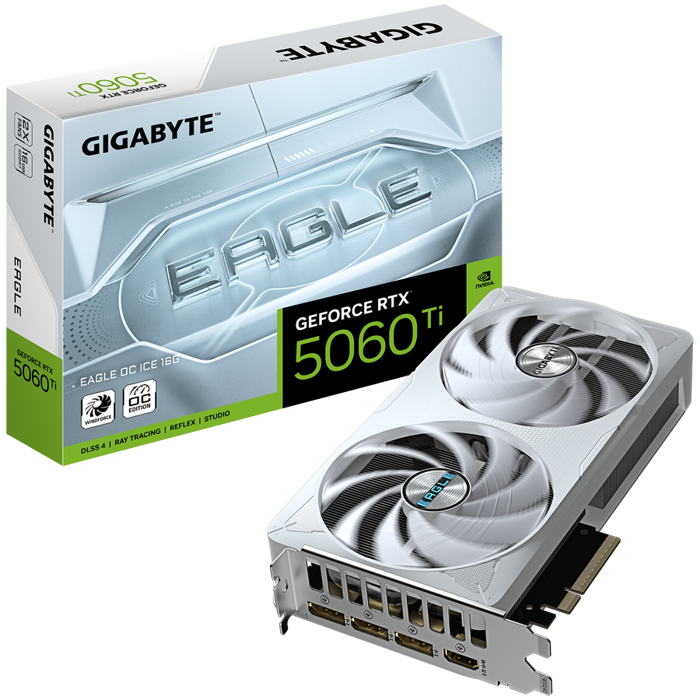 GIGABYTE Video Card NVIDIA GeForce RTX 5060 Ti EAGLE OC ICE 16G (16GB GDDR7/128bit, PCI-E 5.0, 1x 8Pin Power connector, Recommended PSU 650W, 3xDP, 1x HDMI)