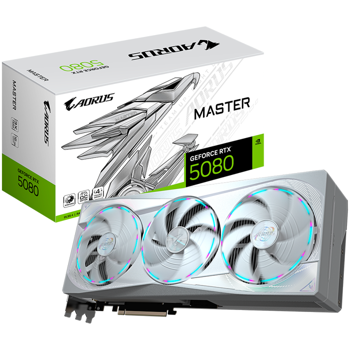 GIGABYTE Video Card NVIDIA GeForce RTX 5080 AORUS MASTER ICE 16G (16GB GDDR7/256bit, PCIe 5.0, 3xDP, 1xHDMI, Recommended PSU 850W, 3 fans) ATX white