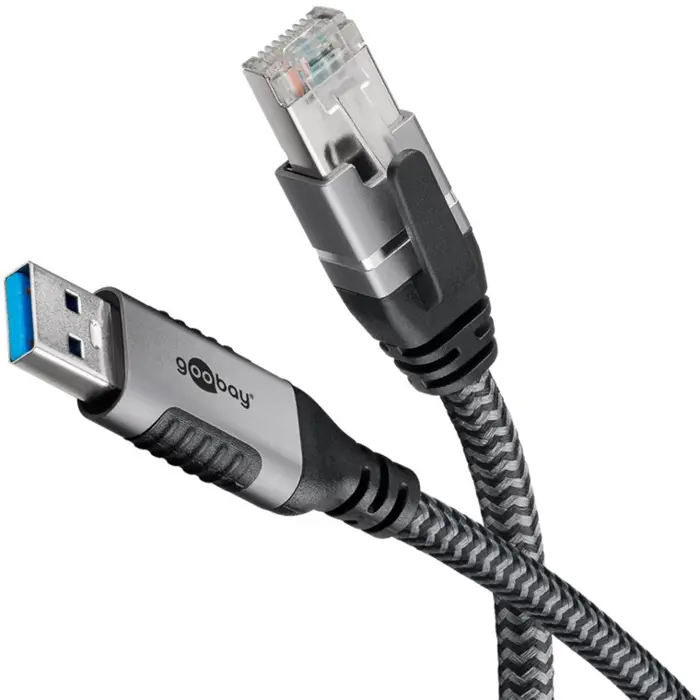goobay Ethernet cable USB-A 3.2 Gen1 male > RJ-45 male, LAN adapter (black/silver, 1 meter)