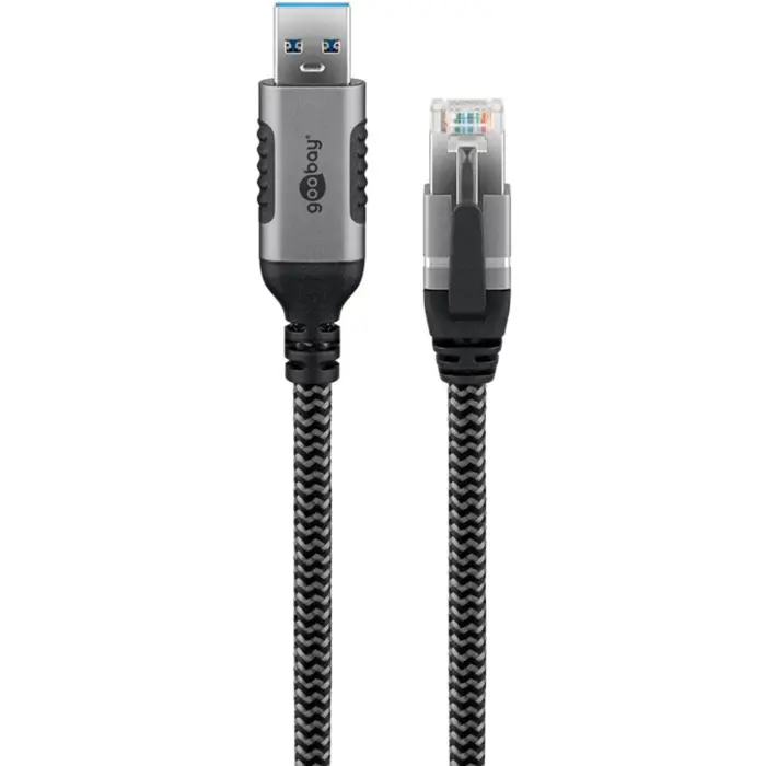 goobay Ethernet cable USB-A 3.2 Gen1 male > RJ-45 male, LAN adapter (black/silver, 1 meter)