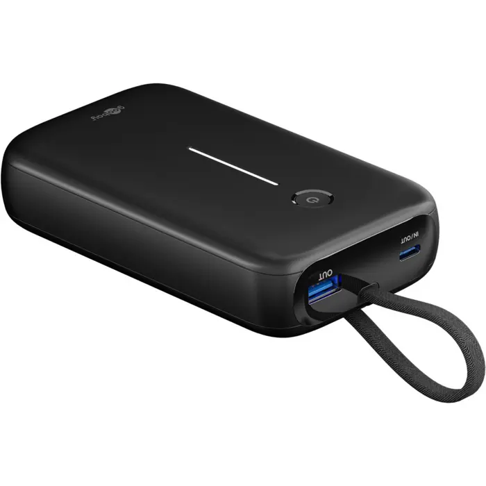 goobay power bank 20,000 mAh, integrated USB-C cable 13cm, 30 watts black, 20 Ah, 1x USB-A, 2x USB-C, PD, QC