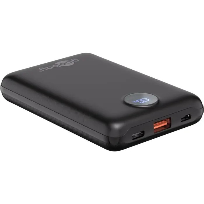 goobay Power Bank Compact 10,000 mAh (black, 10 Ah, 1x USB-A, 1x USB-C, Power Delivery, Quick Charge)