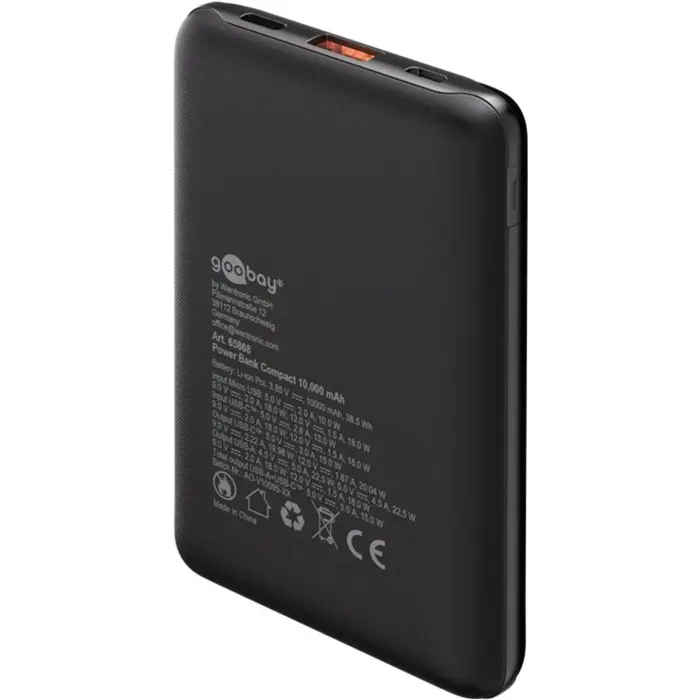 goobay Power Bank Compact 10,000 mAh (black, 10 Ah, 1x USB-A, 1x USB-C, Power Delivery, Quick Charge)