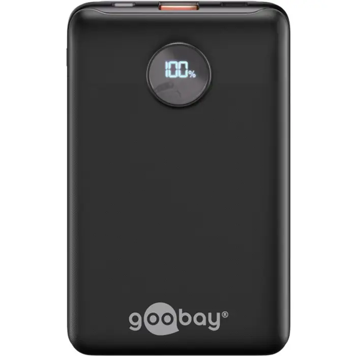 goobay Power Bank Compact 10,000 mAh (black, 10 Ah, 1x USB-A, 1x USB-C, Power Delivery, Quick Charge)