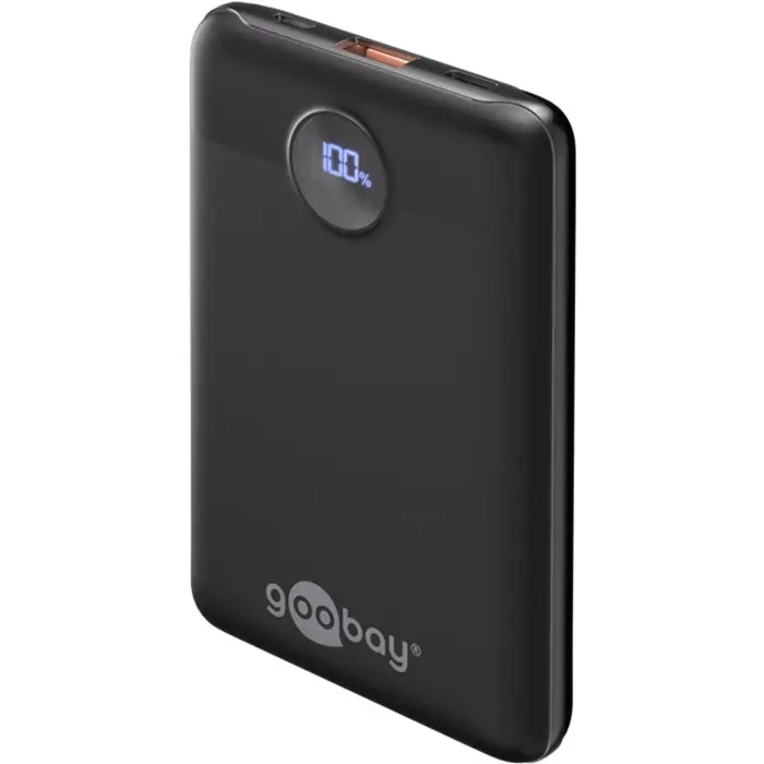goobay Power Bank Compact 10,000 mAh (black, 10 Ah, 1x USB-A, 1x USB-C, Power Delivery, Quick Charge)