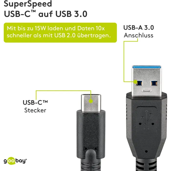 goobay USB-A 3.0 plug > USB-C plug reversible, cable (black, 3 meters)