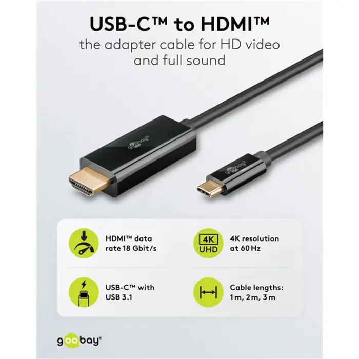 Goobay USB adapter cable, USB-C plug > HDMI plug, 4K / 60Hz (black, 2 meters)