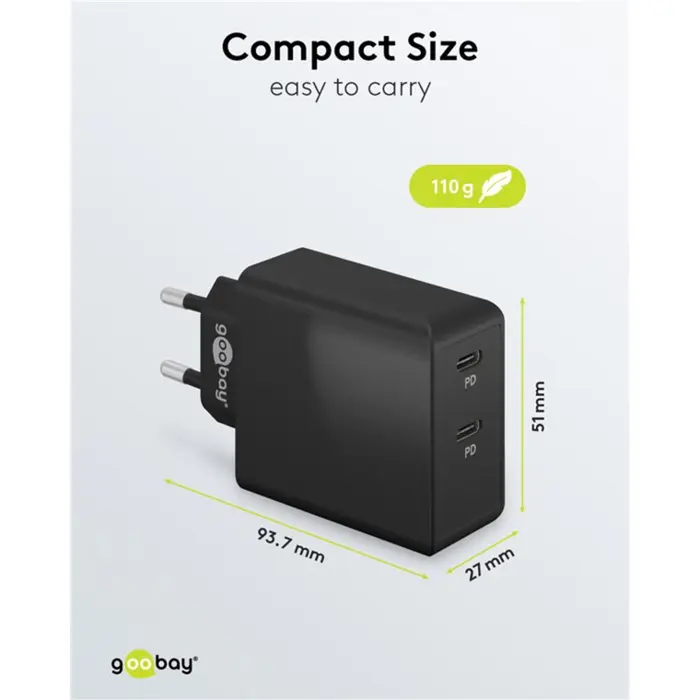 goobay USB-C dual fast charger 36 watts, PD (black, 2x USB-C, Power Delivery)
