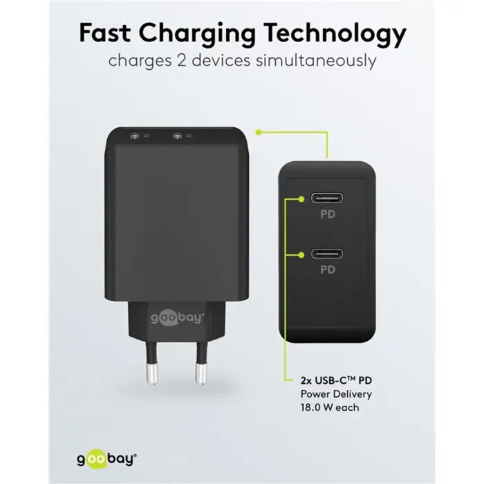 goobay USB-C dual fast charger 36 watts, PD (black, 2x USB-C, Power Delivery)