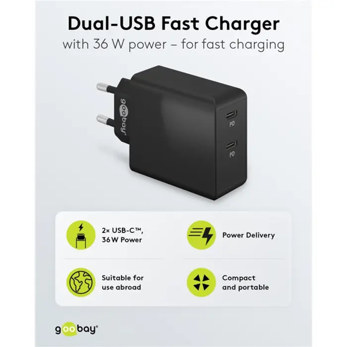 goobay USB-C dual fast charger 36 watts, PD (black, 2x USB-C, Power Delivery)