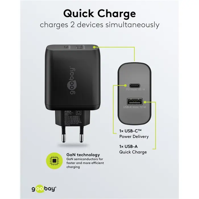 goobay USB-C dual quick charger, PD, GaN, 65 watts (black, 1x USB-C, 1x USB-A, Power Delivery)