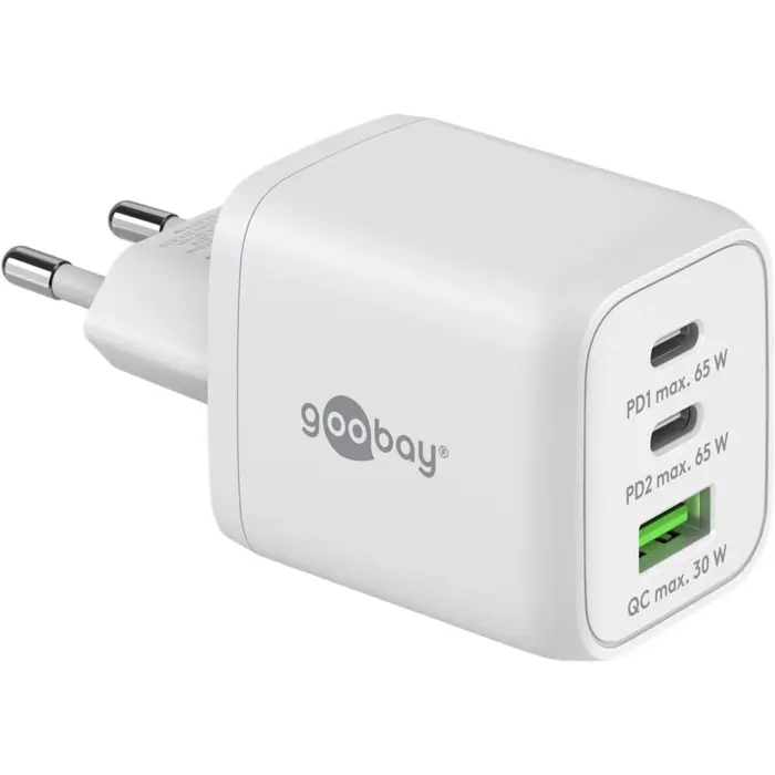 goobay USB-C fast charger Nano, PD, GaN, 65 watts (white, 1x USB-A, 2x USB-C PD, Charge 3.0)