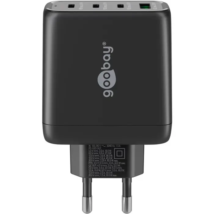 goobay USB-C multiport quick charger, PD, GaN, 68 watts (black, 3x USB-C, 1x USB-A, Power Delivery, QuickCharge)
