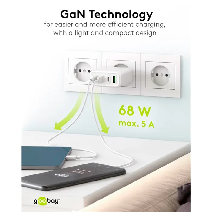 goobay USB-C multiport quick charger, PD, GaN, 68 watts (black, 3x USB-C, 1x USB-A, Power Delivery, QuickCharge)