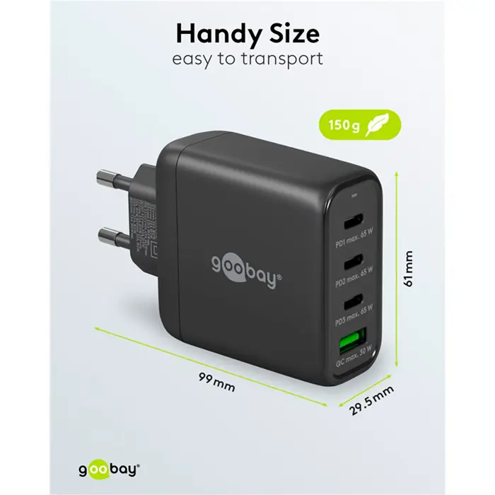 goobay USB-C multiport quick charger, PD, GaN, 68 watts (black, 3x USB-C, 1x USB-A, Power Delivery, QuickCharge)