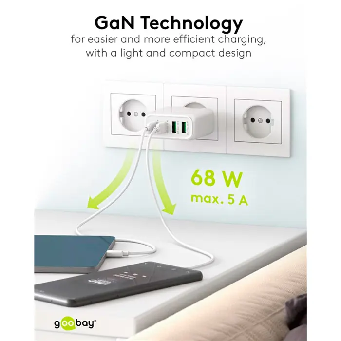 goobay USB-C multiport quick charger, PD, GaN, 68 watts (white, 2x USB-C, 2x USB-A, Power Delivery, QuickCharge)