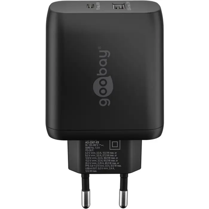 goobay USB-C PD dual fast charger 45 watts (black, 1x USB-A, 1x USB-C PD, GaN technology)