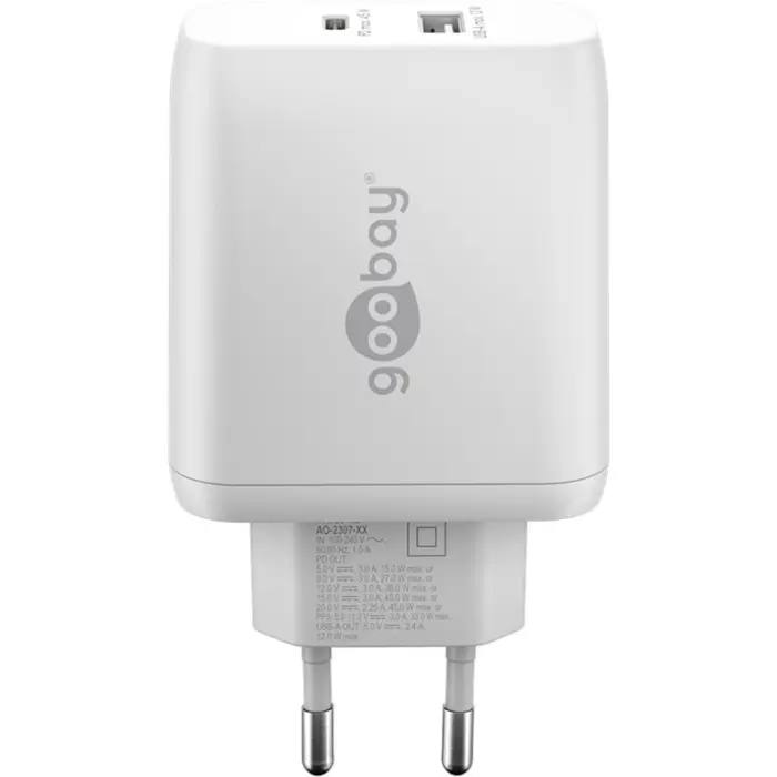 goobay USB-C PD dual fast charger 45 watts (white, 1x USB-A, 1x USB-C PD, GaN technology)
