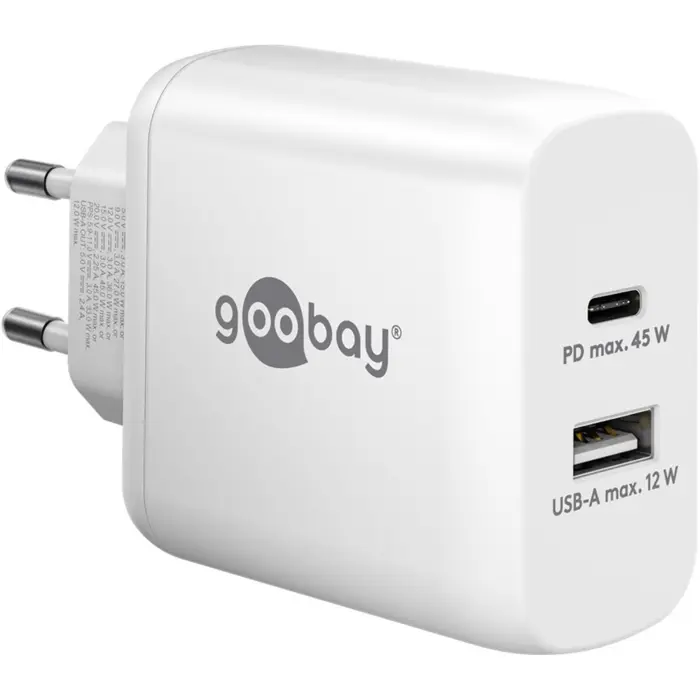 goobay USB-C PD dual fast charger 45 watts (white, 1x USB-A, 1x USB-C PD, GaN technology)