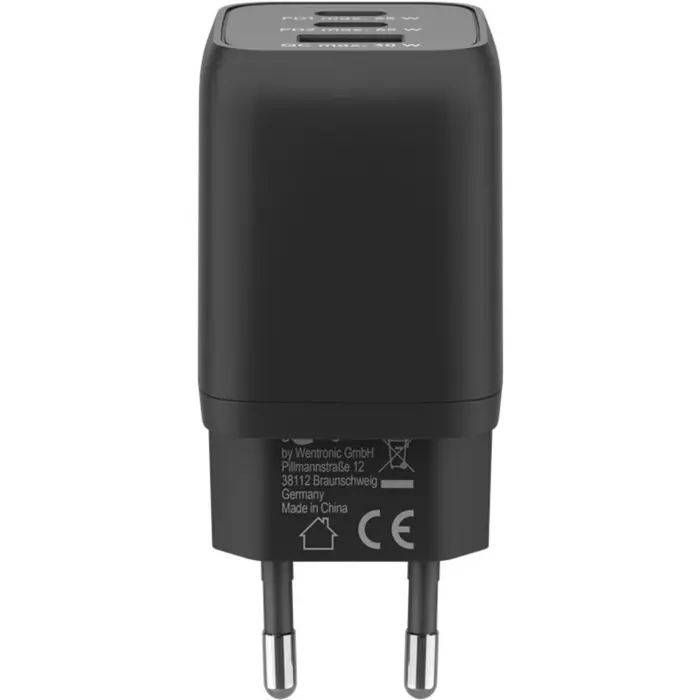 goobay USB-C quick charger Nano, PD, GaN, 65 watts, USB-C textile cable (black, 1x USB-A, 2x USB-C PD, Quick Charge 3.0, 1 meter cable)