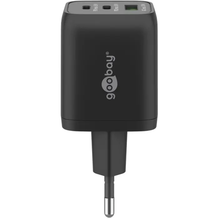 goobay USB-C quick charger Nano, PD, GaN, 65 watts, USB-C textile cable (black, 1x USB-A, 2x USB-C PD, Quick Charge 3.0, 1 meter cable)