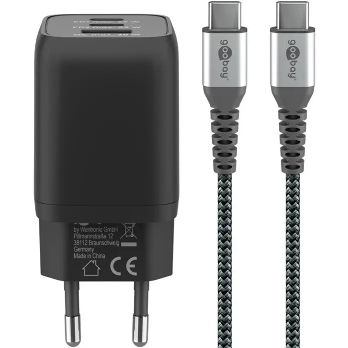 goobay USB-C quick charger Nano, PD, GaN, 65 watts, USB-C textile cable (black, 1x USB-A, 2x USB-C PD, Quick Charge 3.0, 1 meter cable)