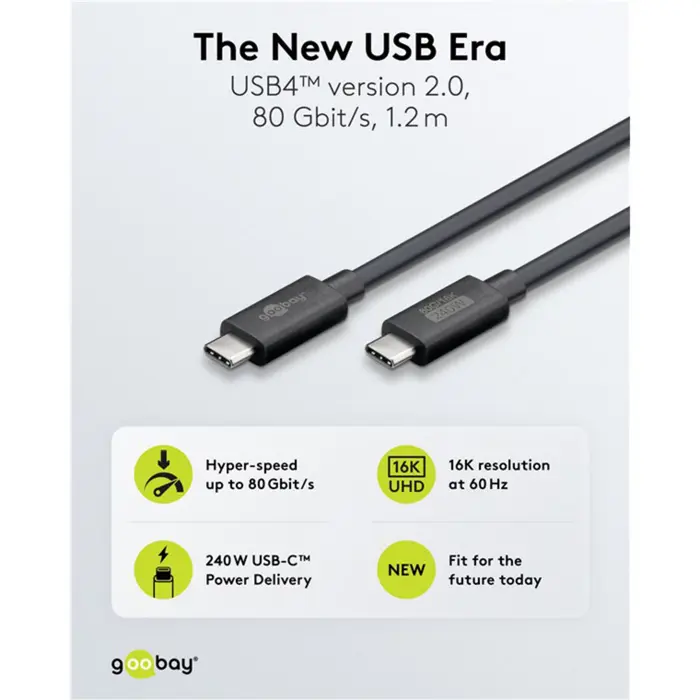 goobay USB4 Version 2.0 cable, USB-C plug > USB-C plug, 80Gbit/s black, 1.2 meters, charging with up to 240 watts