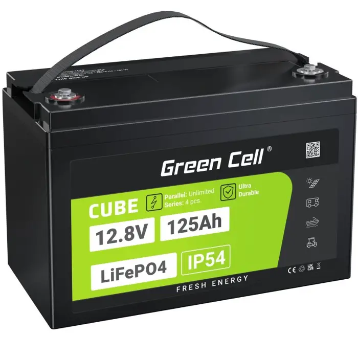 Green Cell Žalias Cell CUBE LiFePO4 125Ah 12,8V 1600Wh liio geležies fosfato baterija kemperiui, sauls energijai, neprijungtai prie tinklo, laivui Lithium Iron Phosphate (LiFePO4) 12.8 V