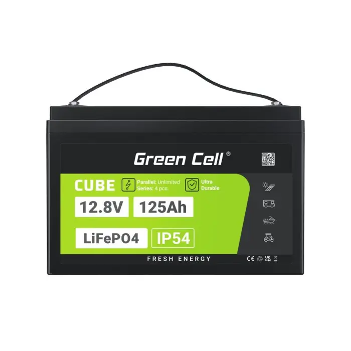 Green Cell Žalias Cell CUBE LiFePO4 125Ah 12,8V 1600Wh liio geležies fosfato baterija kemperiui, sauls energijai, neprijungtai prie tinklo, laivui Lithium Iron Phosphate (LiFePO4) 12.8 V
