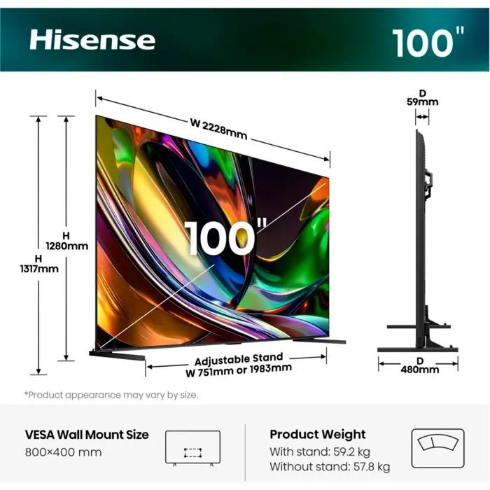 Hisense 100UR8DS RGB MiniLED (253 cm (100 inches), black/dark gray, UltraHD/4K, Hi-View AI Engine RGB, 180Hz panel)