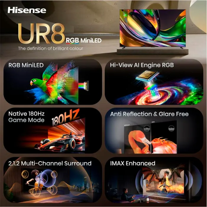 Hisense 100UR8DS RGB MiniLED (253 cm (100 inches), black/dark gray, UltraHD/4K, Hi-View AI Engine RGB, 180Hz panel)